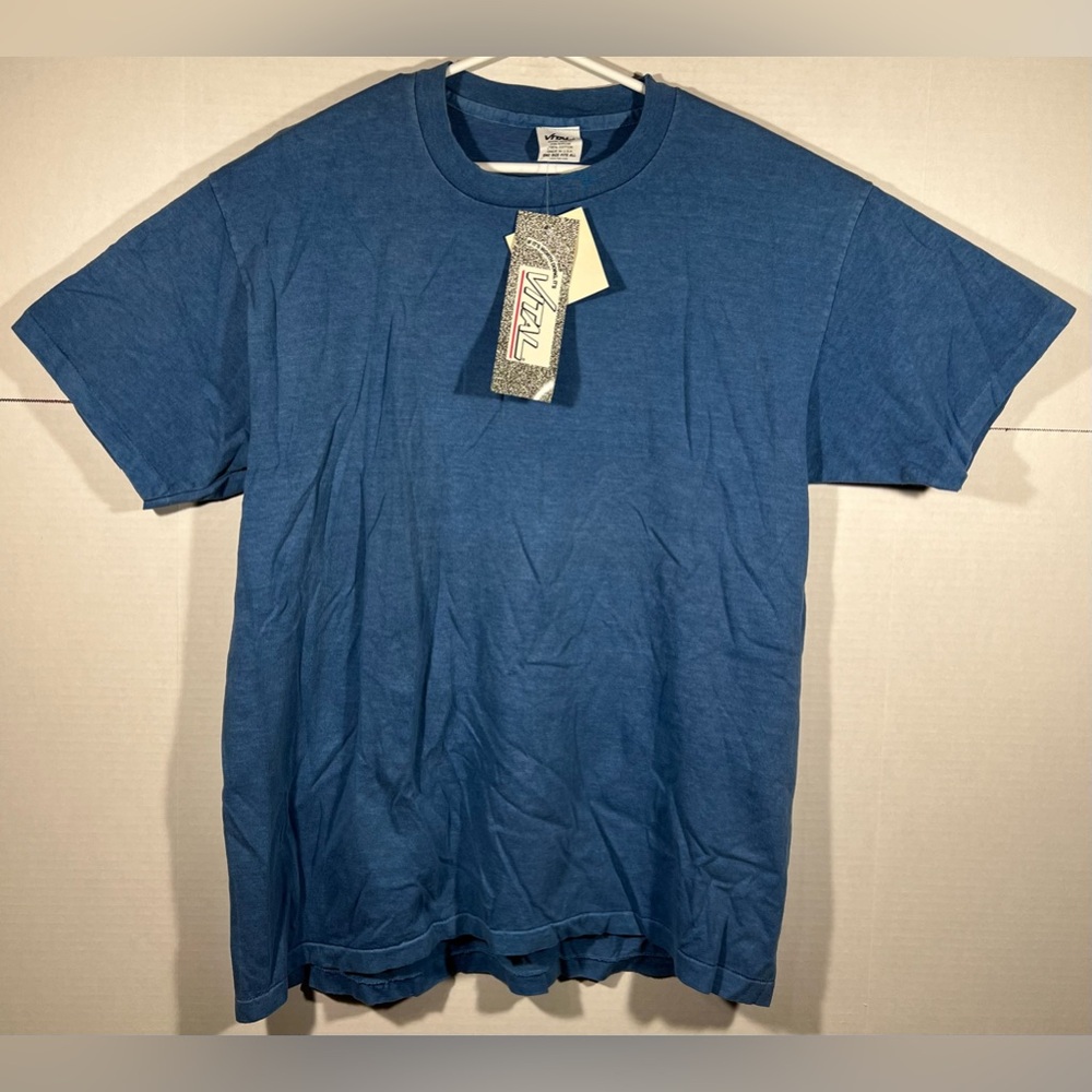 VTG Vital Aerobic Wear Blank Pigment Dyed Blue T Shirt Sz L Single Stitch USA
